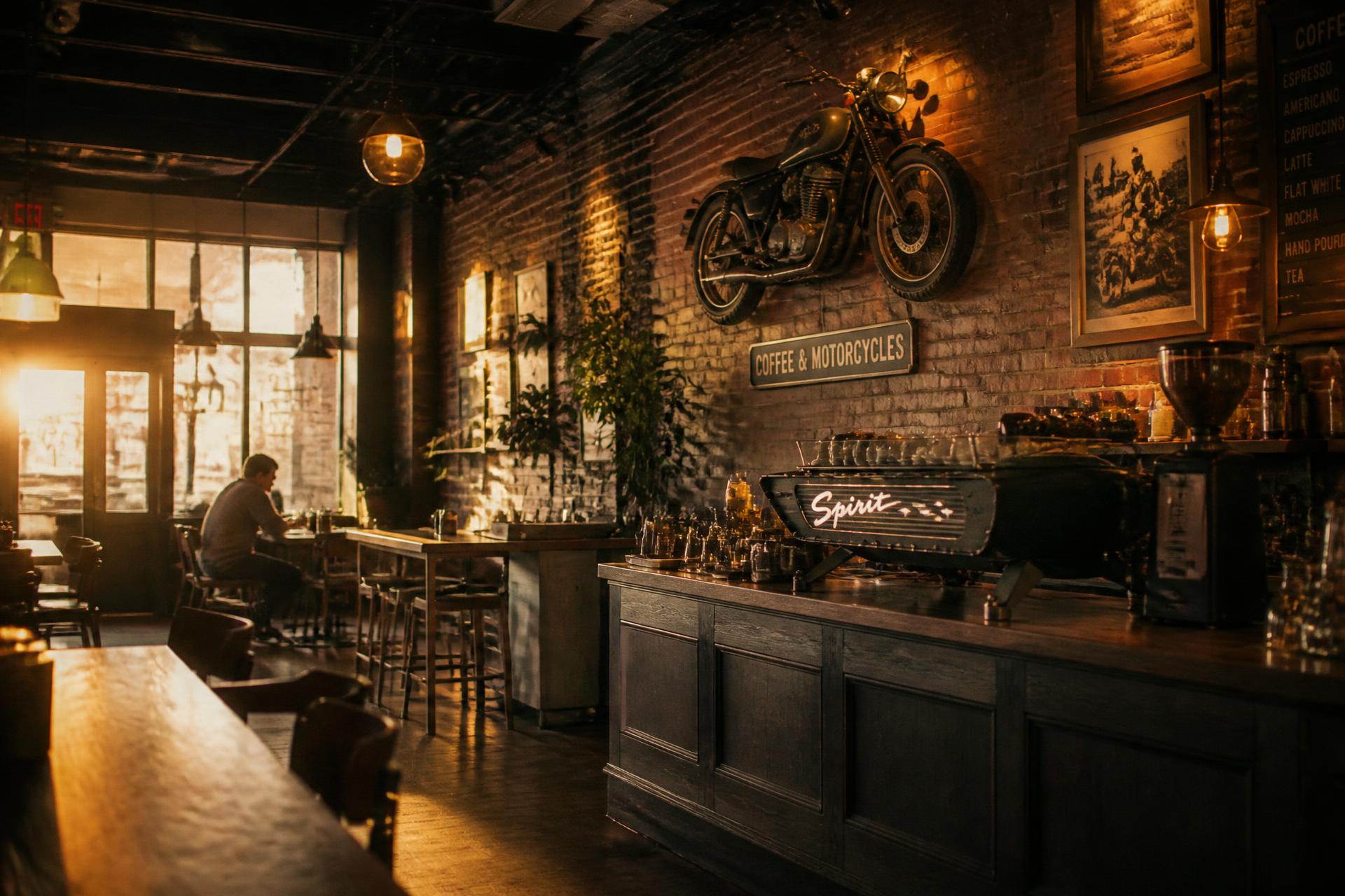 Warm interior of Biker's Brewing Café with a vintage motorcycle on the brick wall
